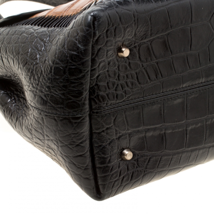 Pre Owned Lanvin Black/Brown Croc Embossed Leather Top Handle Bag