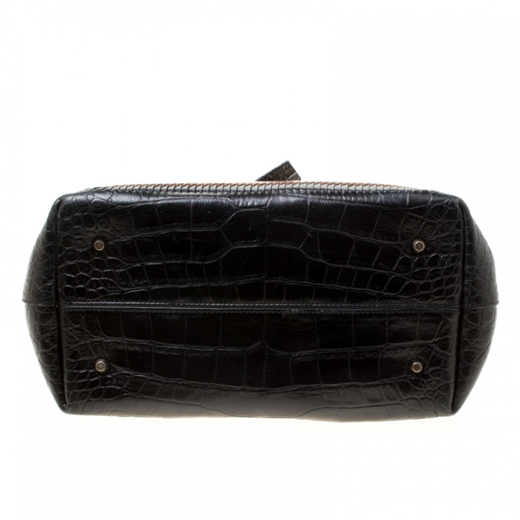 Pre Owned Lanvin Black/Brown Croc Embossed Leather Top Handle Bag