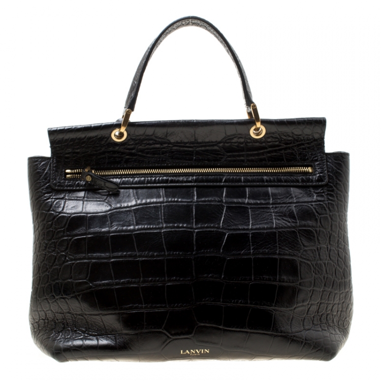 Pre Owned Lanvin Black/Brown Croc Embossed Leather Top Handle Bag