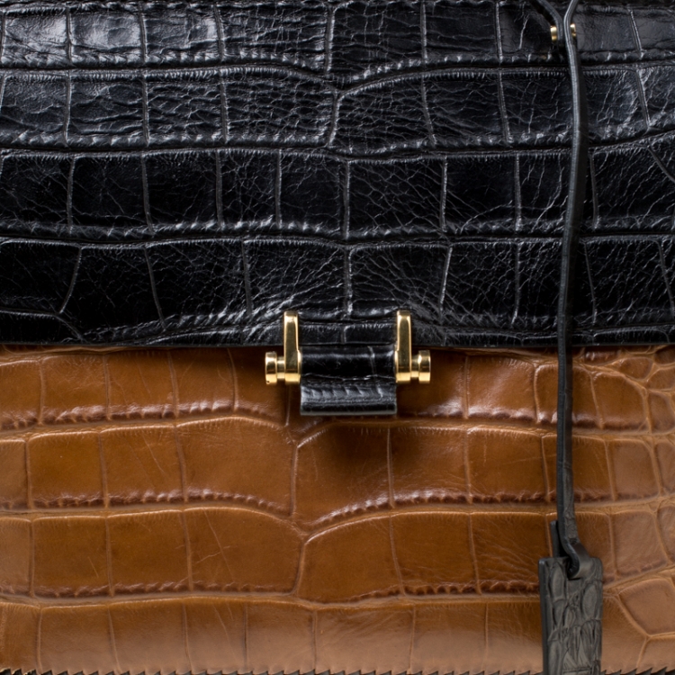 Pre Owned Lanvin Black/Brown Croc Embossed Leather Top Handle Bag