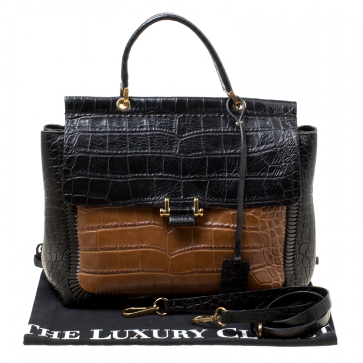 Pre Owned Lanvin Black/Brown Croc Embossed Leather Top Handle Bag