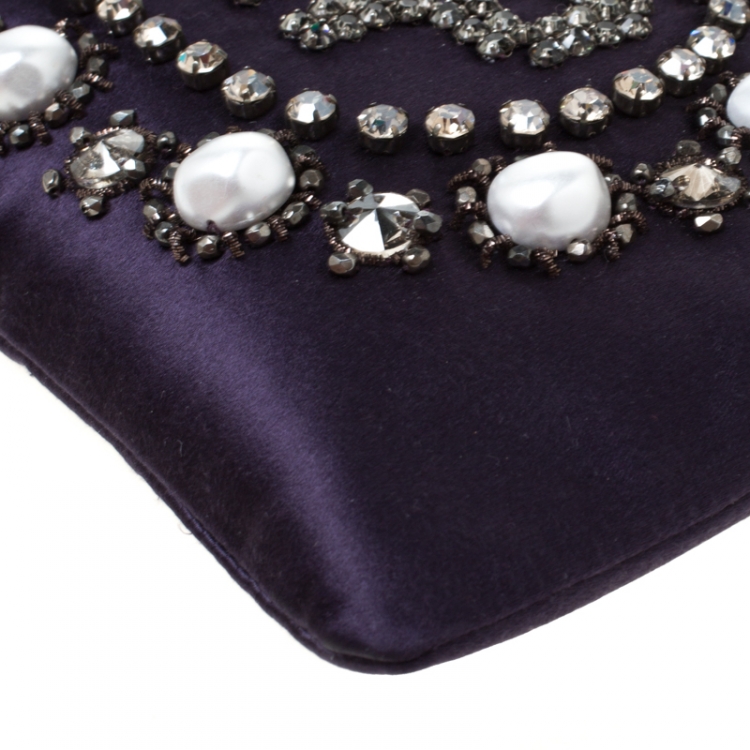 Pre Owned Lanvin Violet Embellished Satin Wristlet Clutch