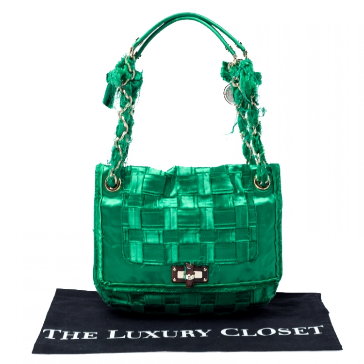 Pre Owned Lanvin Green Woven Satin Happy Flap Shoulder Bag