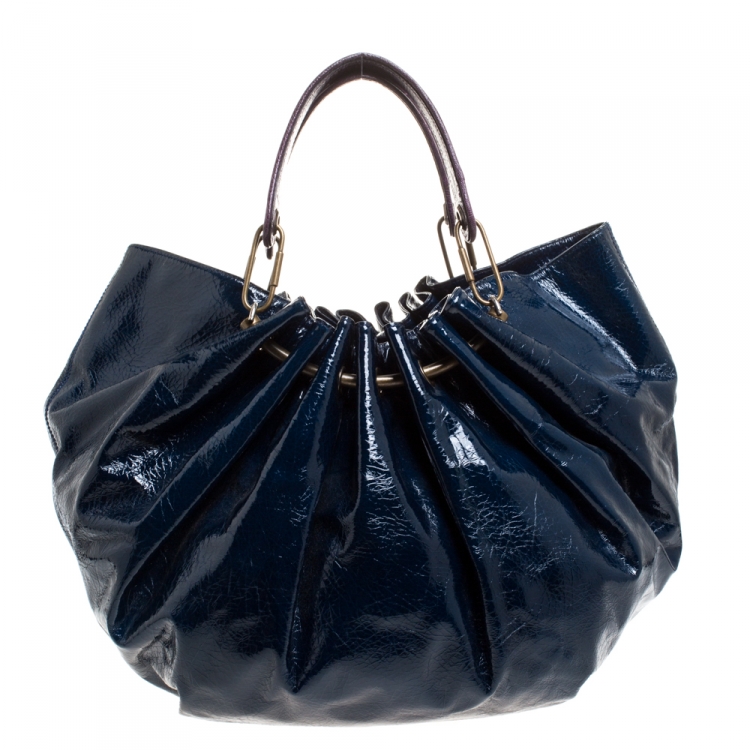 Pre Owned Lanvin Blue Crinkled Patent Leather Sac Polisson Tote