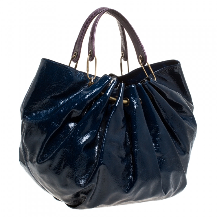 Pre Owned Lanvin Blue Crinkled Patent Leather Sac Polisson Tote