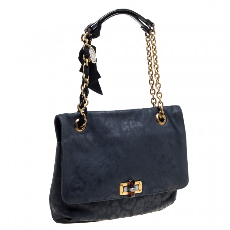 Pre Owned Lanvin Navy Blue Leopard Print Leather Medium Happy Shoulder Bag