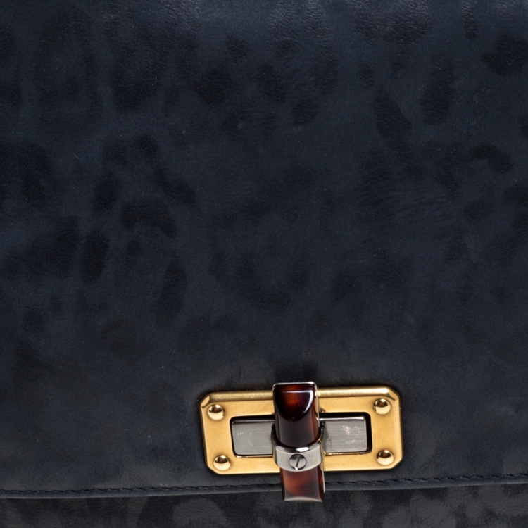 Pre Owned Lanvin Navy Blue Leopard Print Leather Medium Happy Shoulder Bag