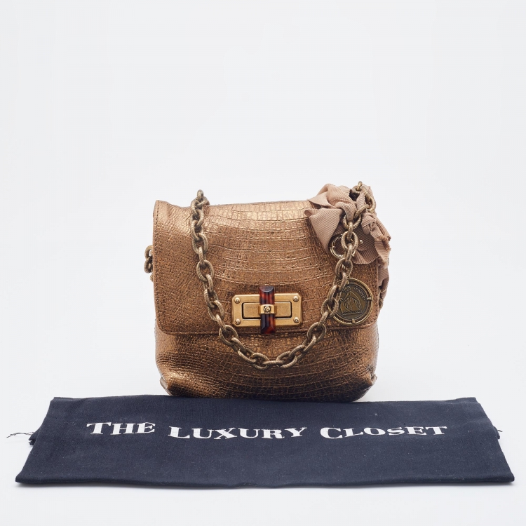 Pre Owned Lanvin Metallic Gold Croc Embossed Leather Flap Shoulder Bag