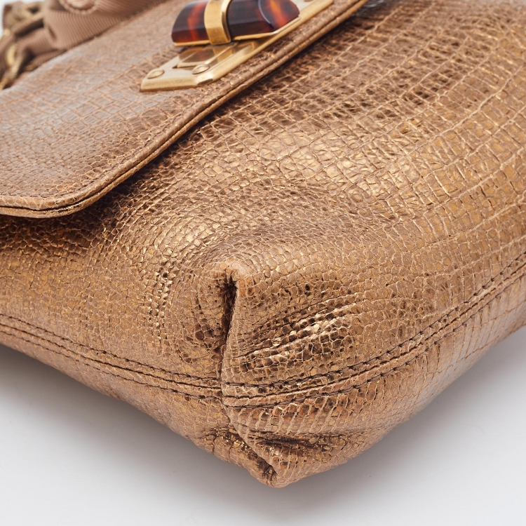 Pre Owned Lanvin Metallic Gold Croc Embossed Leather Flap Shoulder Bag