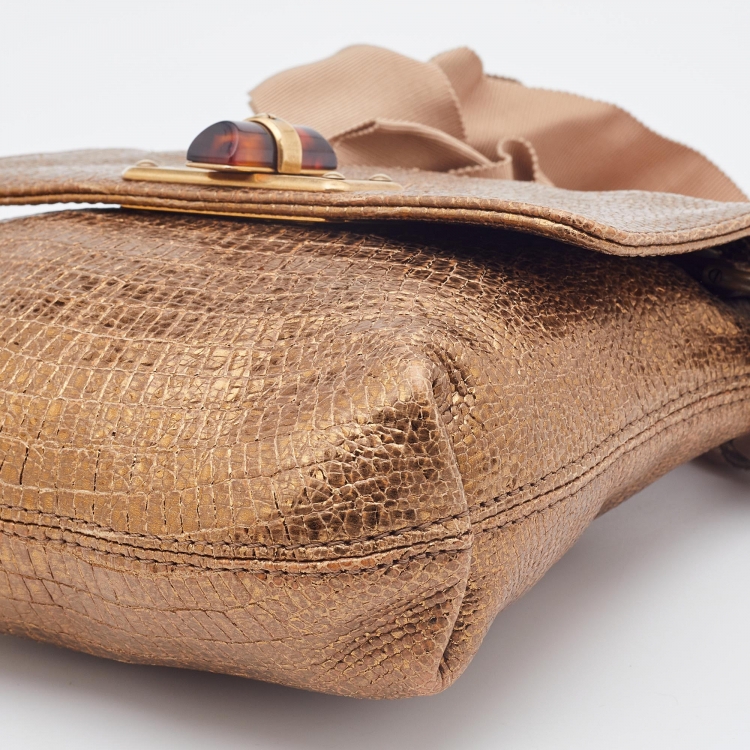 Pre Owned Lanvin Metallic Gold Croc Embossed Leather Flap Shoulder Bag
