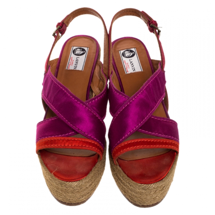 Pre Owned Lanvin Tricolor Satin Espadrille Wedge Platform Ankle Strap Sandals Size 41