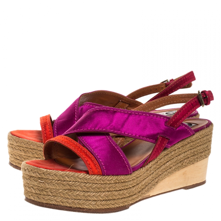 Pre Owned Lanvin Tricolor Satin Espadrille Wedge Platform Ankle Strap Sandals Size 41