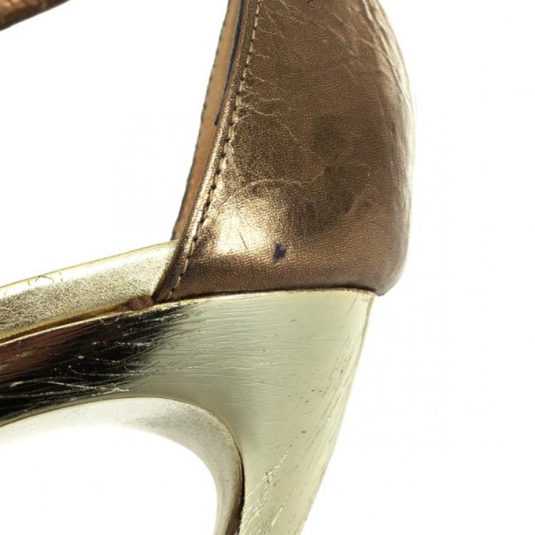 Pre Owned Lanvin Frame Wedge Metallic Leather Flower Embellished Sandals Size 36