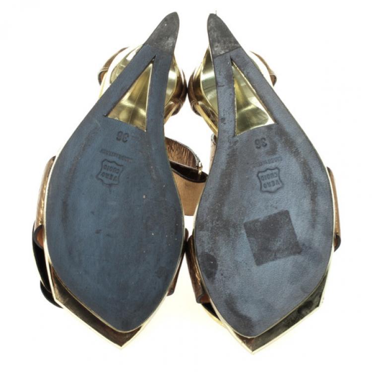 Pre Owned Lanvin Frame Wedge Metallic Leather Flower Embellished Sandals Size 36