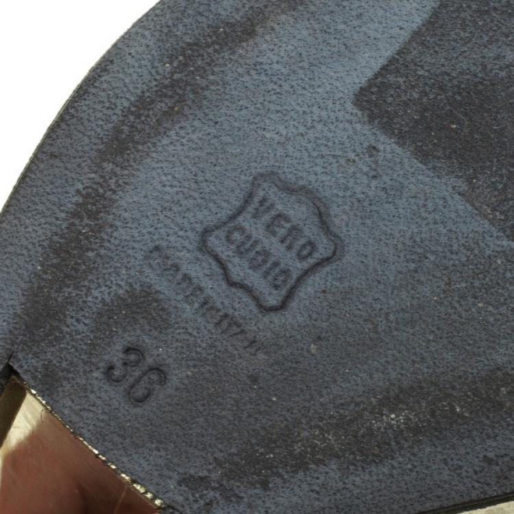 Pre Owned Lanvin Frame Wedge Metallic Leather Flower Embellished Sandals Size 36