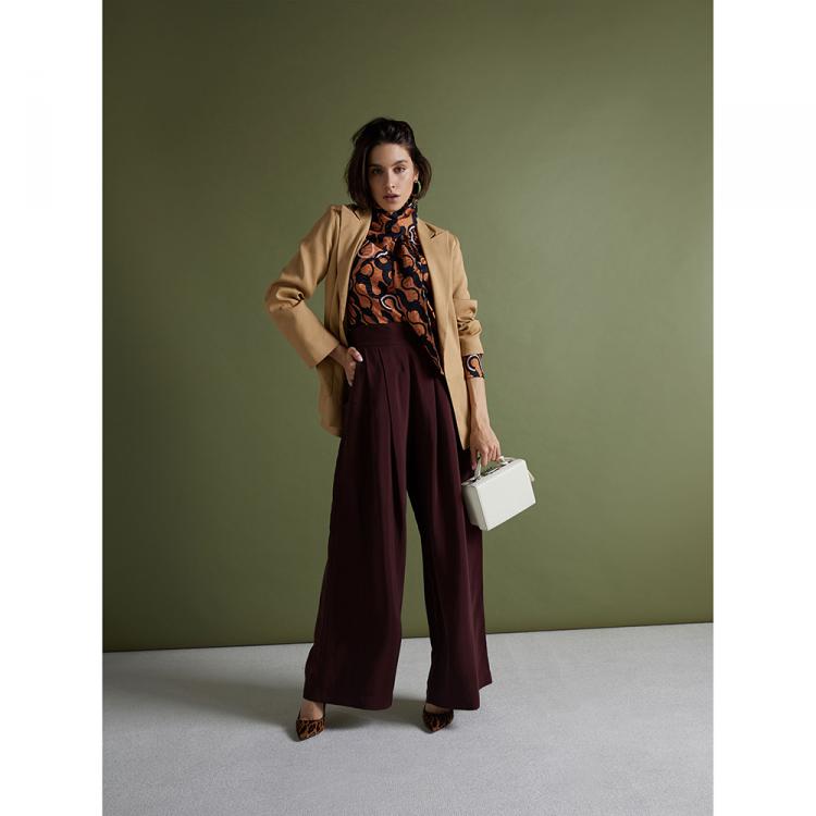 Pre Owned LAYEUR Brown Fine Printed Scarf-Neck Blouse FR 50