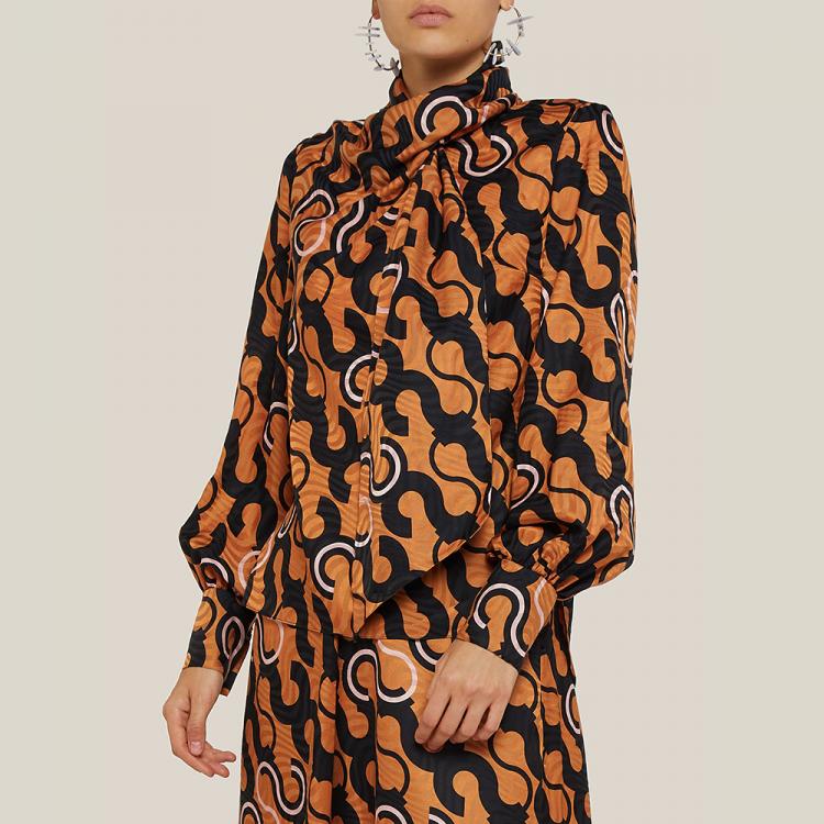 Pre Owned LAYEUR Brown Fine Printed Scarf-Neck Blouse FR 50