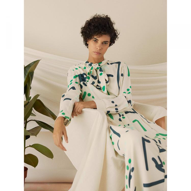 Pre Owned LAYEUR Cream Borden Scarf Collar Printed Shirt FR 48
