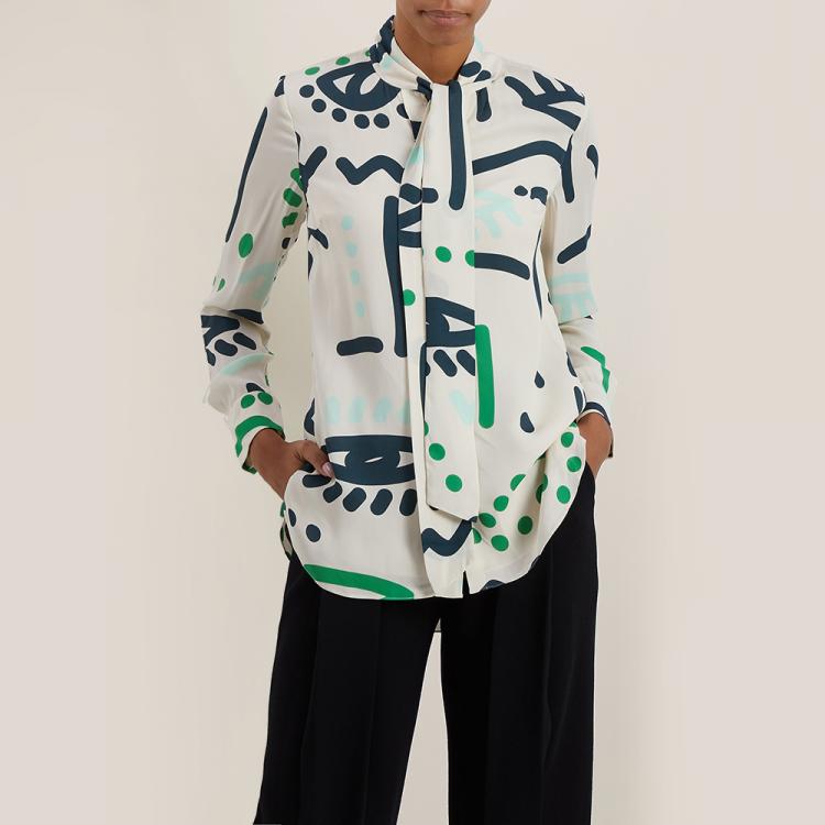 Pre Owned LAYEUR Cream Borden Scarf Collar Printed Shirt FR 48