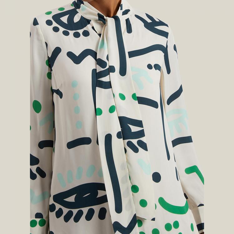 Pre Owned LAYEUR Cream Borden Scarf Collar Printed Shirt FR 50