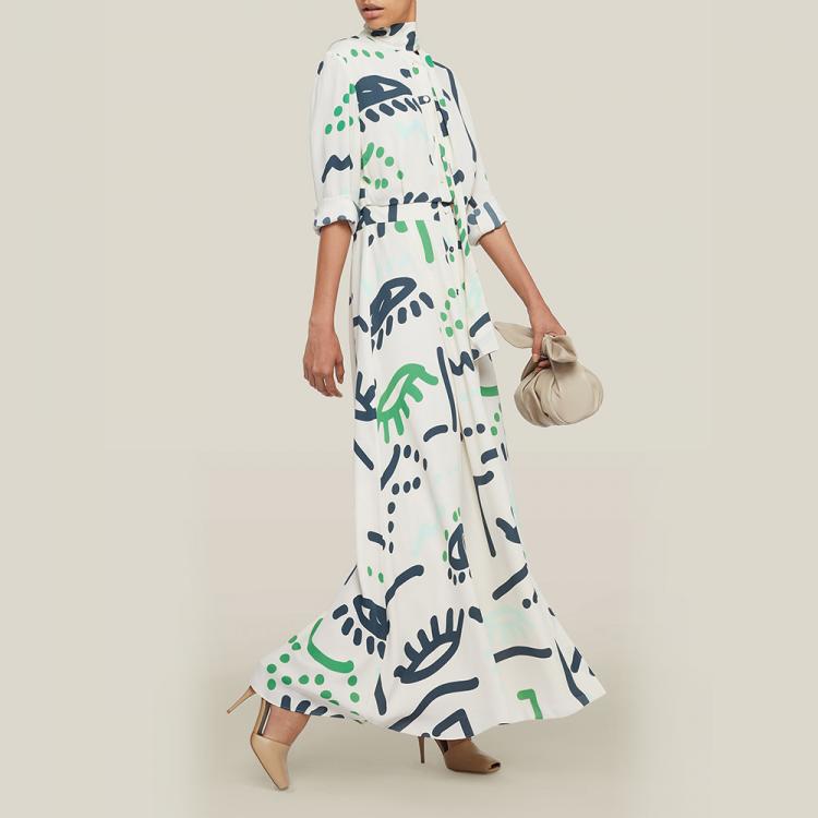 Pre Owned LAYEUR Cream Whittle Tie-Neck Printed Maxi Dress FR 42