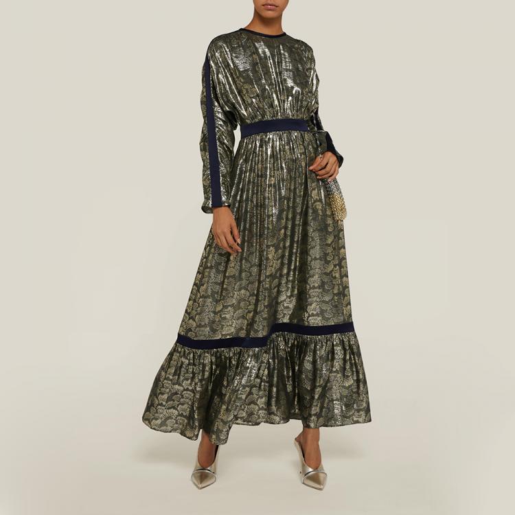 Pre Owned LAYEUR Green Amos Ruffled Hem Metallic Silk-Blend Dress FR 44