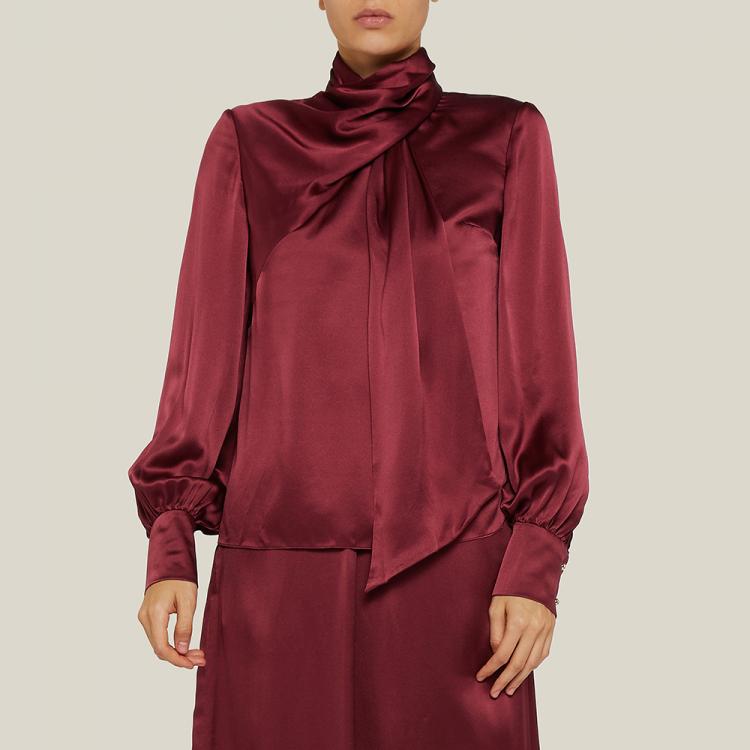 Pre Owned LAYEUR Red Fine Scarf-Neck Silk Blouse FR 48