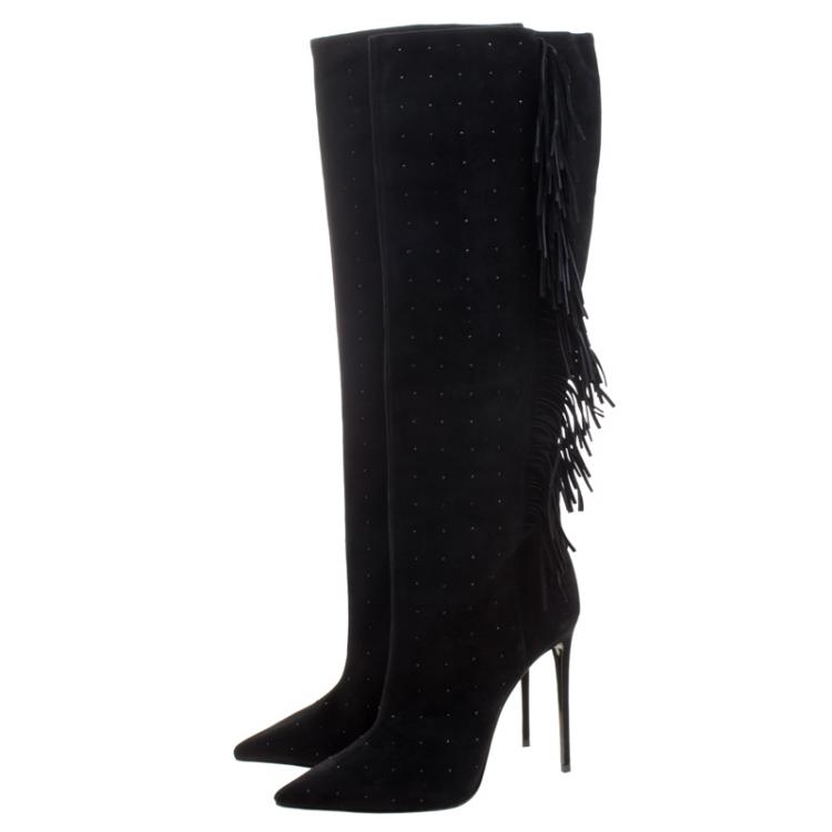 Pre Owned Le Silla Black Fringed Suede Tiny Velour Knee Length Boots Size 38.5