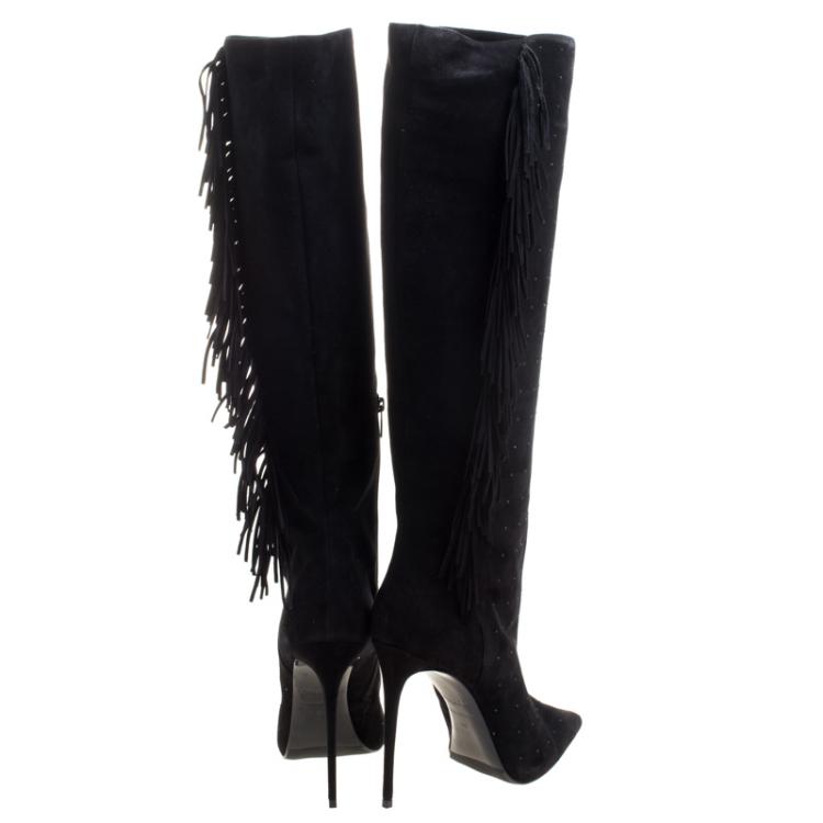 Pre Owned Le Silla Black Fringed Suede Tiny Velour Knee Length Boots Size 40