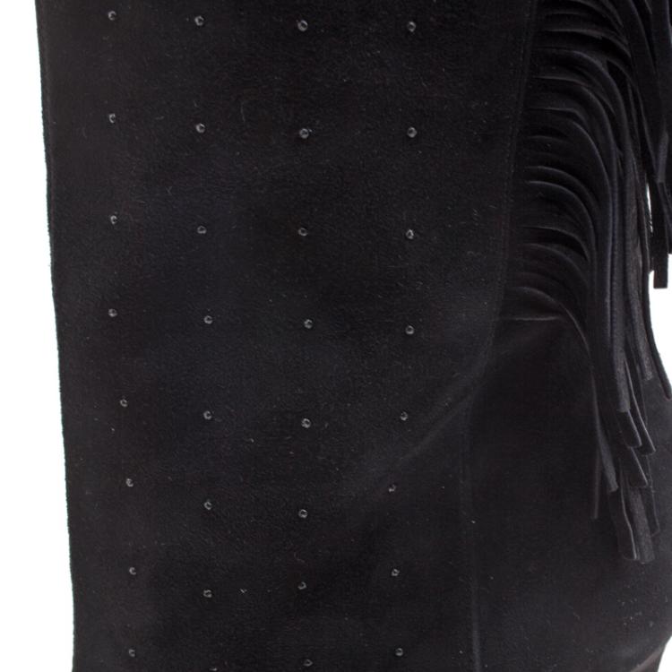 Pre Owned Le Silla Black Fringed Suede Tiny Velour Knee Length Boots Size 40