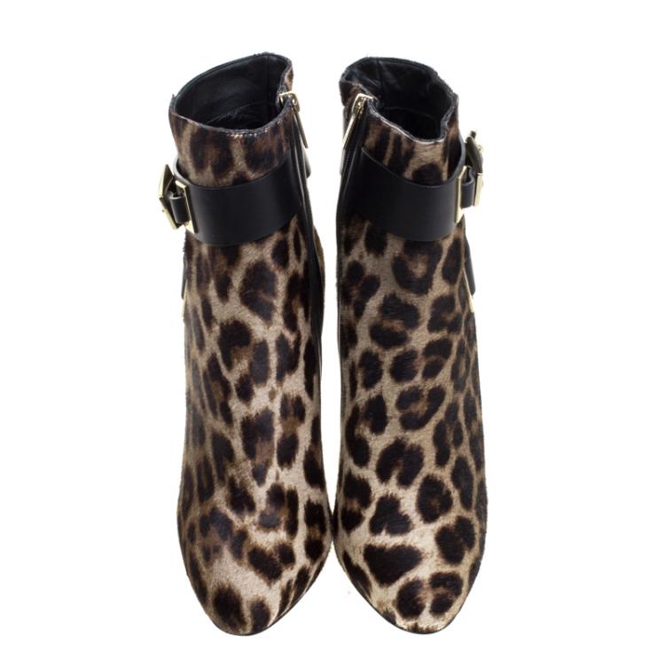 Pre Owned Le Silla Leopard Printed Calf Hair Ankle Boots Size 36.5