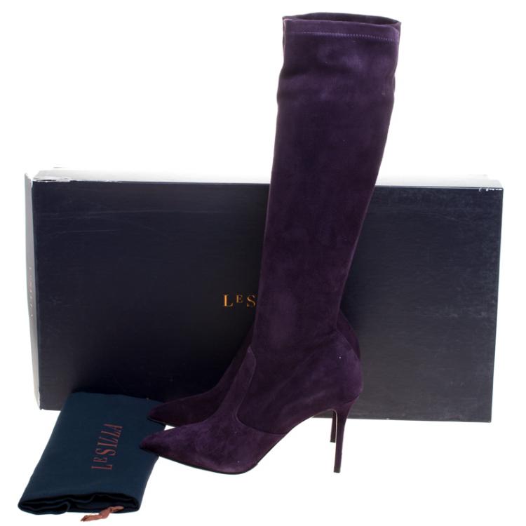 Pre Owned Le Silla Purple Stretch Velour Knee High Pointed Toe Boots Size 38.5