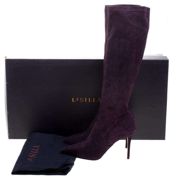 Pre Owned Le Silla Purple Stretch Velour Knee High Pointed Toe Boots Size 37.5