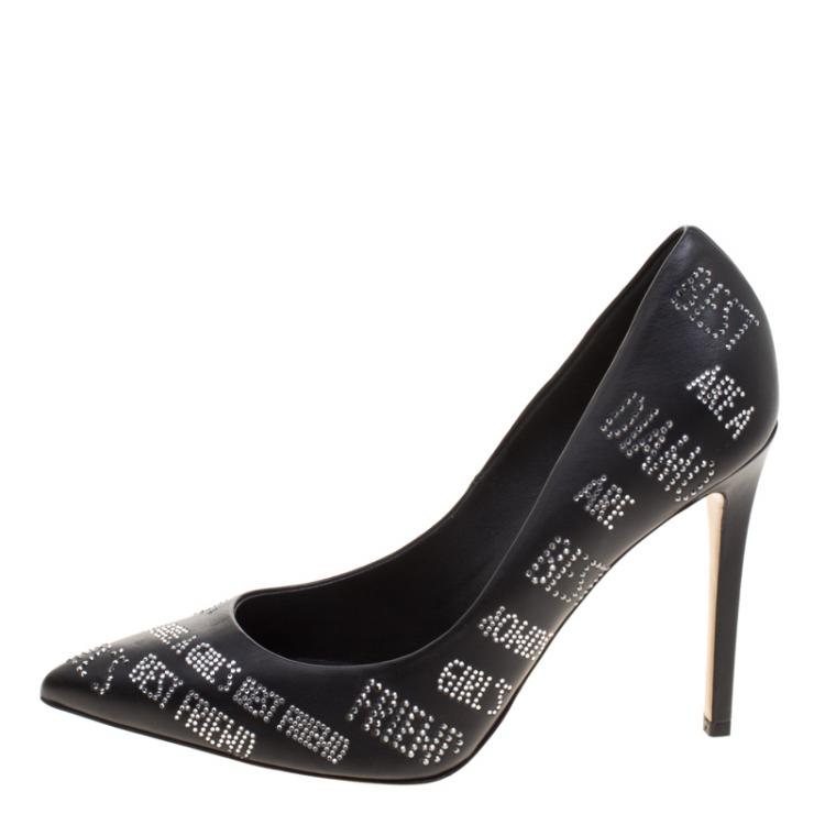 Pre Owned Le Silla Black Crystal Embellished Leather Pointed Toe Pumps Size 38