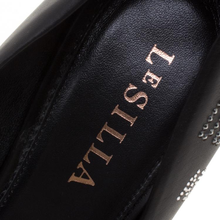 Pre Owned Le Silla Black Crystal Embellished Leather Pointed Toe Pumps Size 38