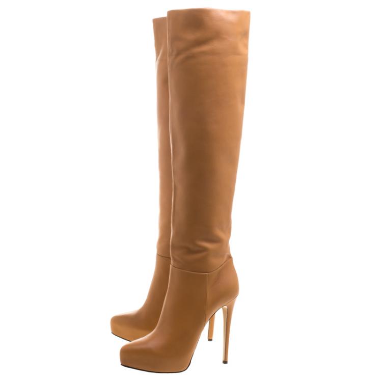 Pre Owned Le Silla Caramel Brown Leather Over The Knee Boots Size 37.5