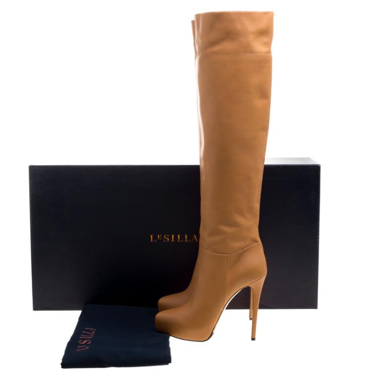 Pre Owned Le Silla Caramel Brown Leather Over The Knee Boots Size 37.5