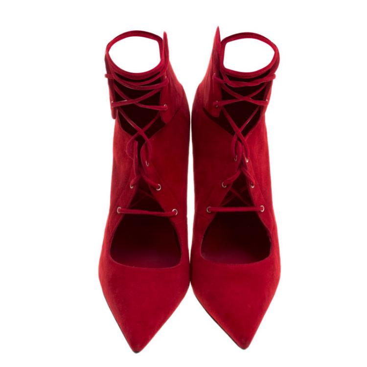 Pre Owned Le Silla Red Suede Lace Up Pointed Toe Ankle Boots Size 40