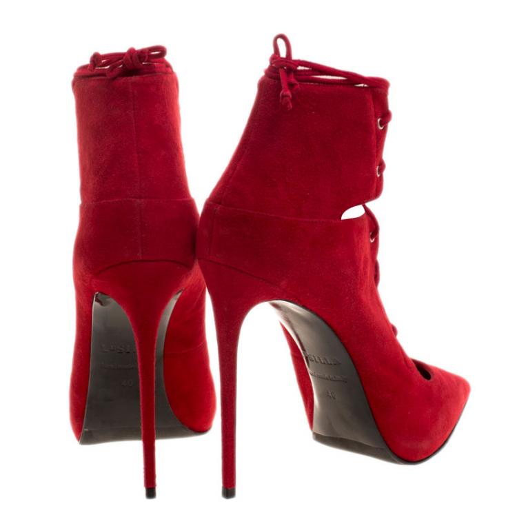 Pre Owned Le Silla Red Suede Lace Up Pointed Toe Ankle Boots Size 40