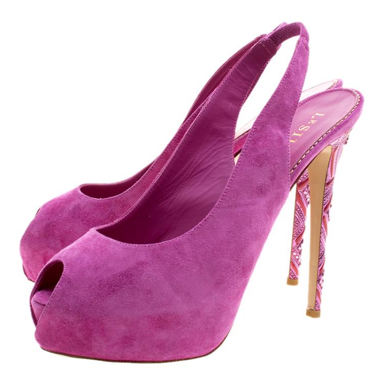 Pre Owned Le Silla Fuchsia Pink Suede Peep Toe Crystal Embellished Heel Platform Slingback Sandals Size 41