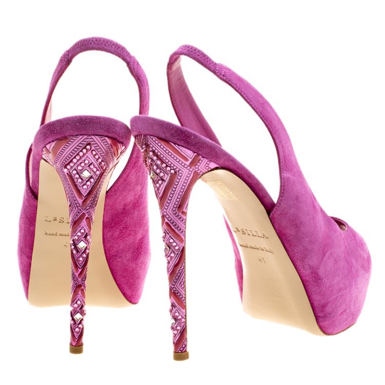 Pre Owned Le Silla Fuchsia Pink Suede Peep Toe Crystal Embellished Heel Platform Slingback Sandals Size 41