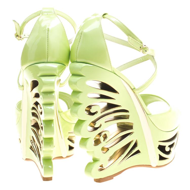 Pre Owned Le Silla Pistachio Green Patent Leather Butterfly Wedge Sandals Size 38