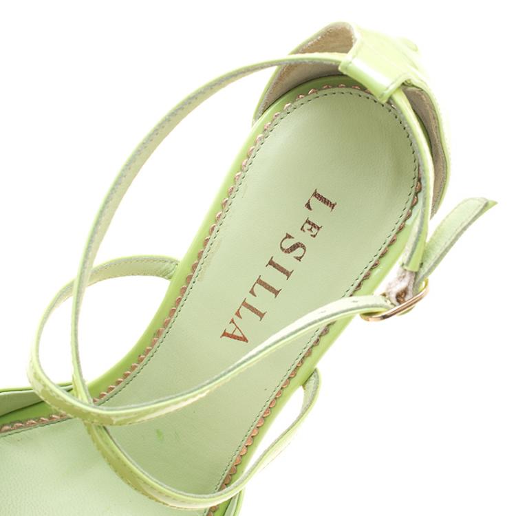 Pre Owned Le Silla Pistachio Green Patent Leather Butterfly Wedge Sandals Size 38