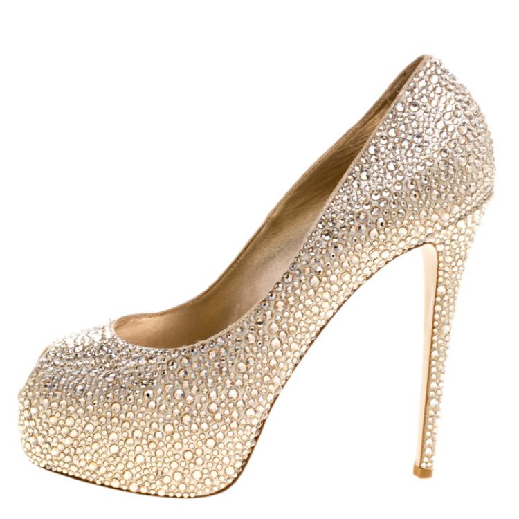 Pre Owned Le Silla Metallic Beige Crystal Embellished Leather Peep Toe Platform Pumps Size 38