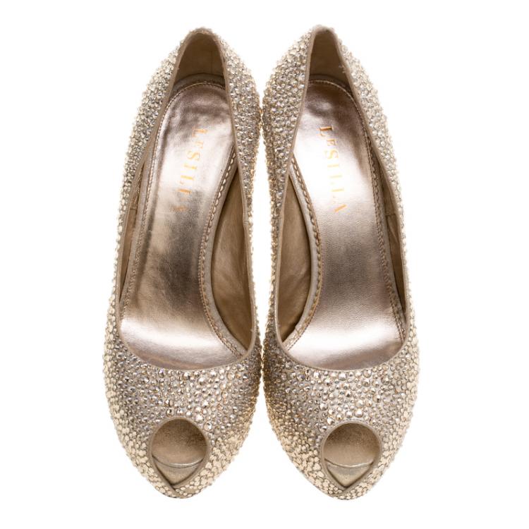 Pre Owned Le Silla Metallic Beige Crystal Embellished Leather Peep Toe Platform Pumps Size 38