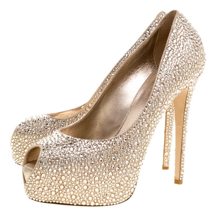 Pre Owned Le Silla Metallic Beige Crystal Embellished Leather Peep Toe Platform Pumps Size 38