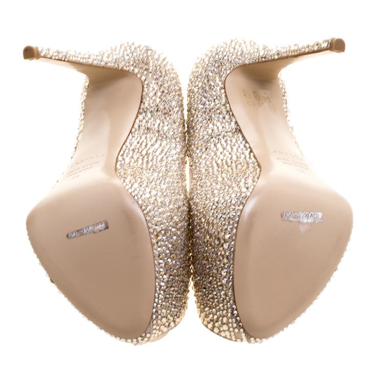 Pre Owned Le Silla Metallic Beige Crystal Embellished Leather Peep Toe Platform Pumps Size 38
