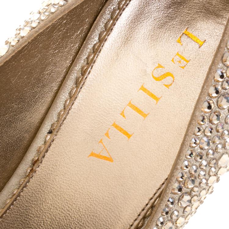 Pre Owned Le Silla Metallic Beige Crystal Embellished Leather Peep Toe Platform Pumps Size 38