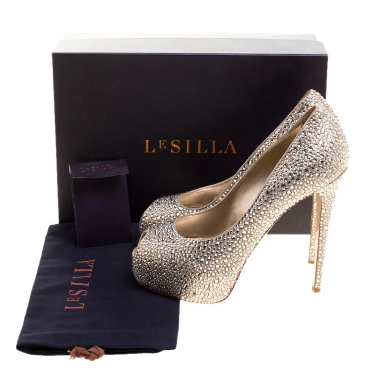 Pre Owned Le Silla Metallic Beige Crystal Embellished Leather Peep Toe Platform Pumps Size 38
