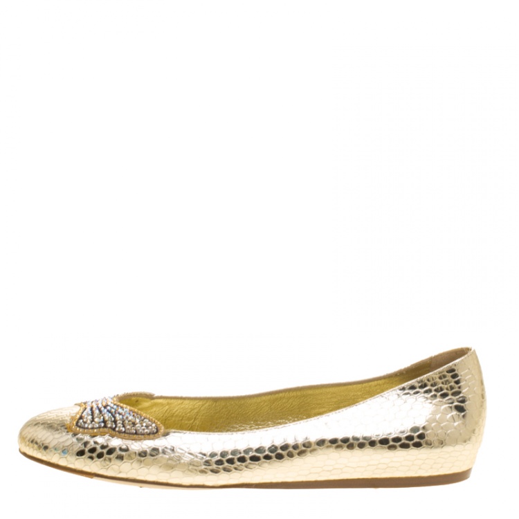Pre Owned Le Silla Metallic Gold Snake Embossed Leather Butterfly Crystal Embellished Motif Ballet Flats Size 36